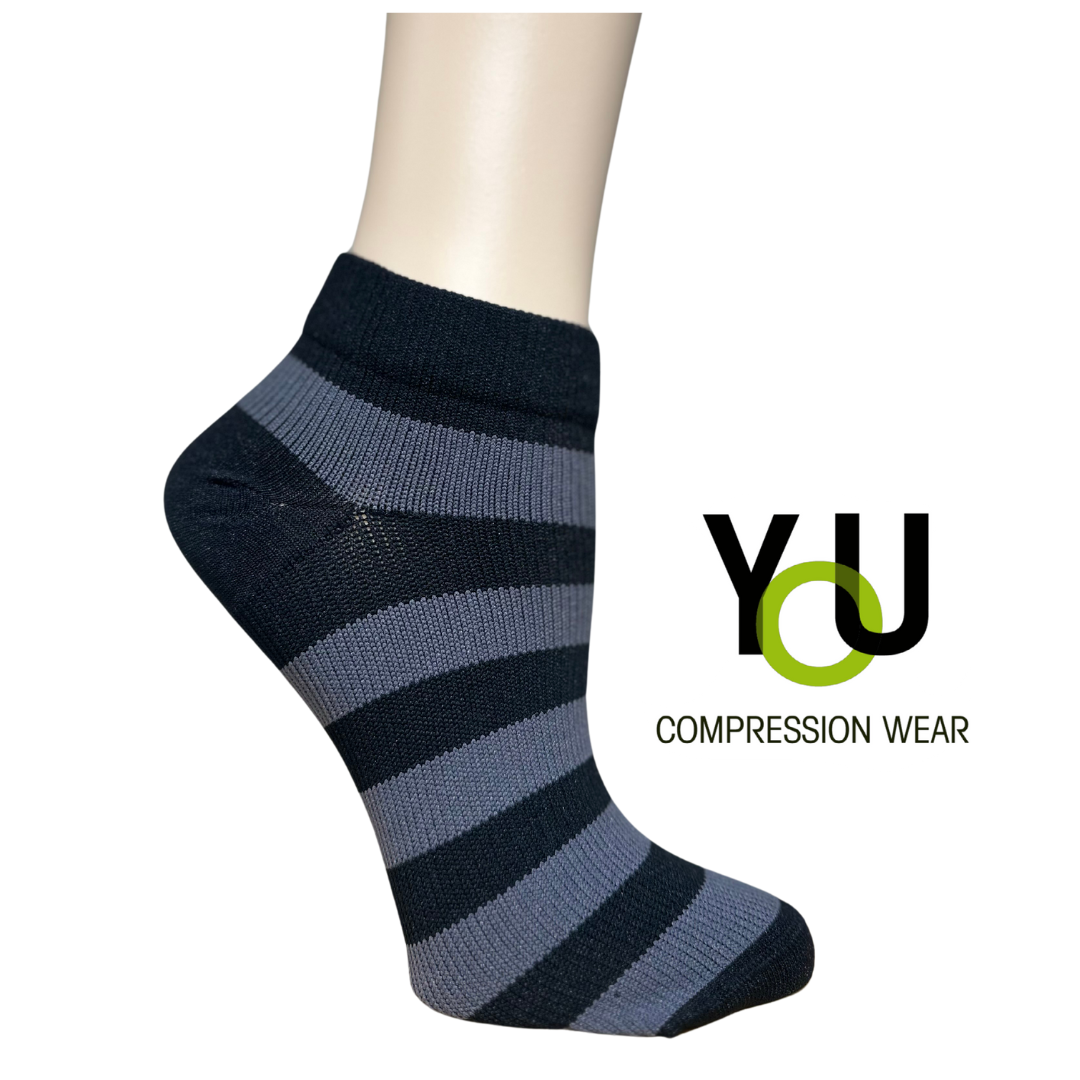 YoU® Black & Granite Stripe Ankle Socks • 20-30 mmHg